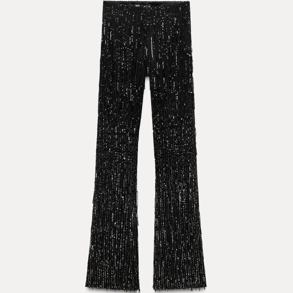 ZARA WOMAN NWT SEMI-SHEER FRINGED SEQUIN LEGGINGS BLACK / SILVER | 9860/223 - Picture 5 of 7